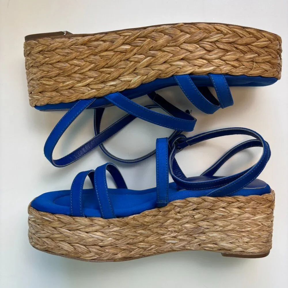 Paloma Barcelo Spain Platform Sandals 37 Blue Satin Raffia Wedge Consign